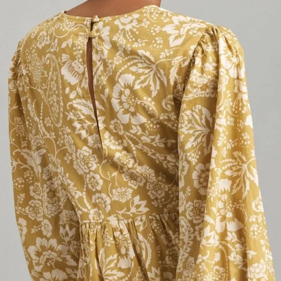 Anthropologie long sleeve v neck cotton dress olive tones green dress yellow - Picture 7 of 16